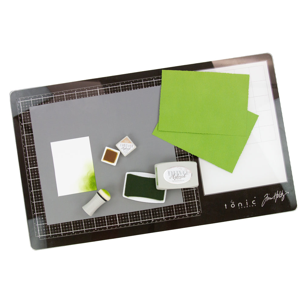 Tim Holtz Glass Cutting Mat - Large Work Surface with 12x14 Measuring Grid  and Palette for Paint, Ink, and Mixed Media - Art and Craft Supplies