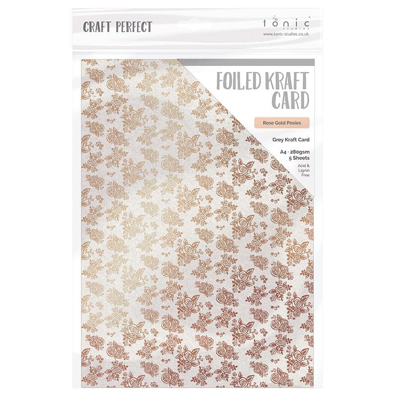Craft Perfect - Foiled Kraft Card A4 - Rose Gold Posies (5pk) - 9349e