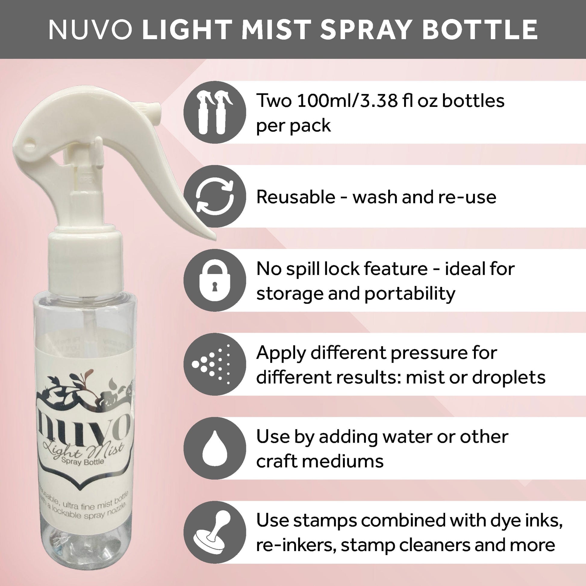 Nuvo Tools Light Mist Reusable Spray Bottle, 2 pack